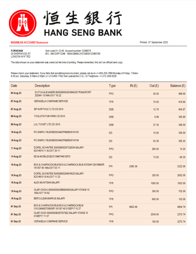 Modèle Word et PDF de relevé de compte courant d'entreprise de la Hang Seng Bank
